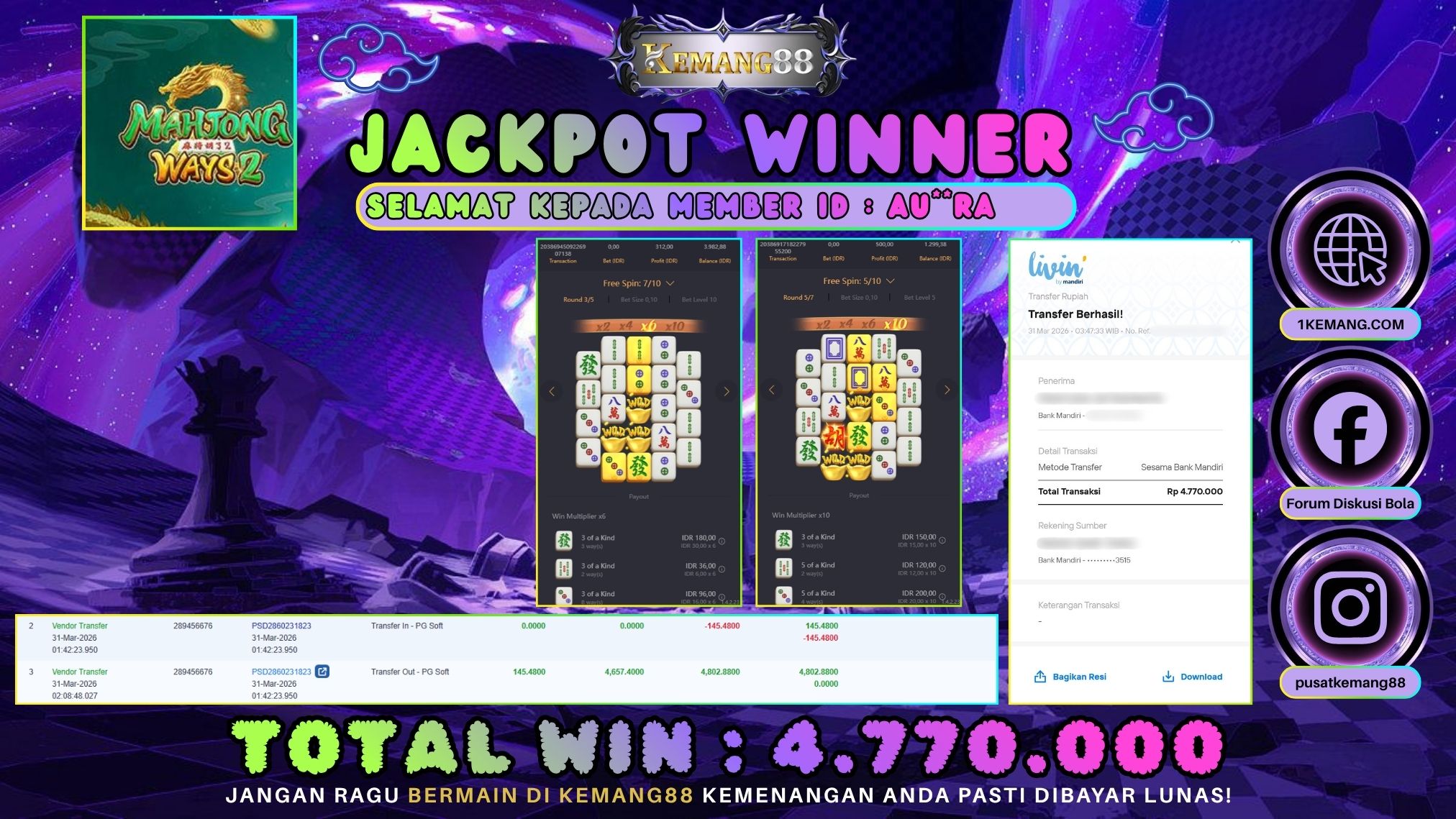 KEMANG88 [31 Maret 2026] : JACKPOT SLOT : MAHJONG WAYS 2 [PG] Rp. 4.770.000.,- LUNAS